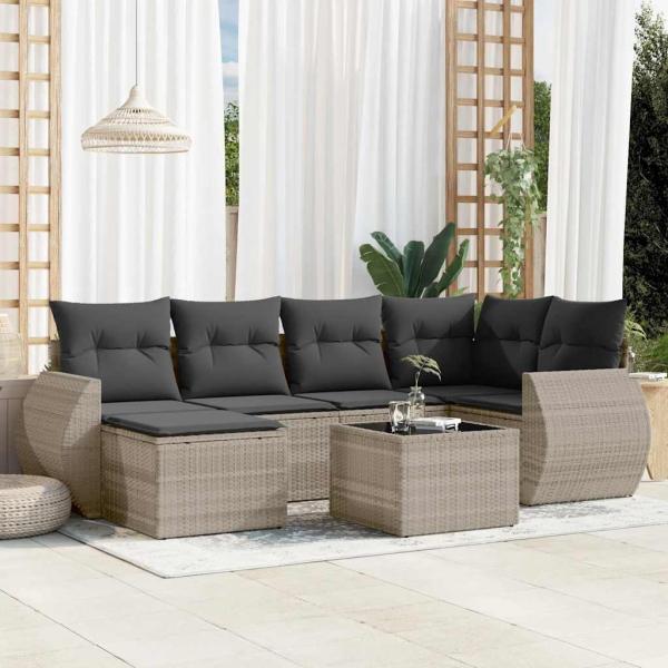 ARDEBO.de - 7-tlg. Garten-Sofagarnitur mit Kissen Hellgrau Poly Rattan