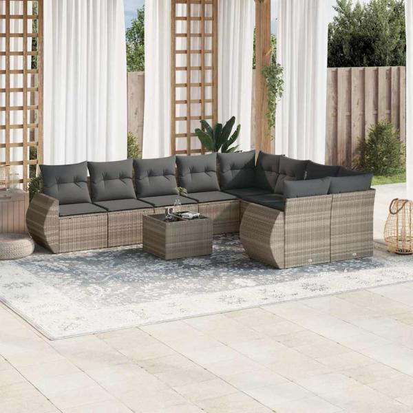 ARDEBO.de - 10-tlg. Garten-Sofagarnitur mit Kissen Hellgrau Poly Rattan