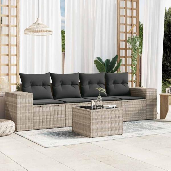 ARDEBO.de - 5-tlg. Garten-Sofagarnitur mit Kissen Hellgrau Poly Rattan