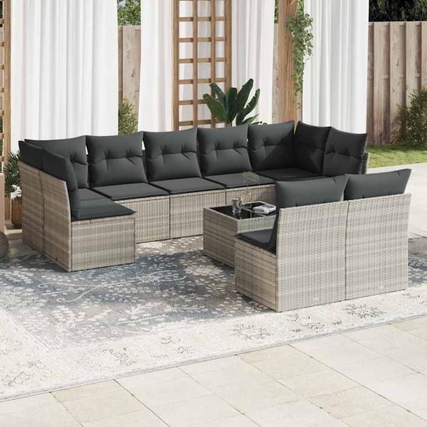 ARDEBO.de - 10-tlg. Garten-Sofagarnitur mit Kissen Hellgrau Poly Rattan