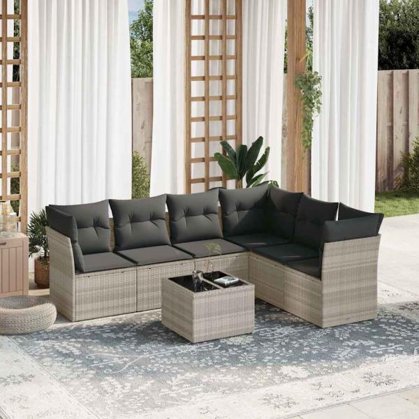 ARDEBO.de - 7-tlg. Garten-Sofagarnitur mit Kissen Hellgrau Poly Rattan
