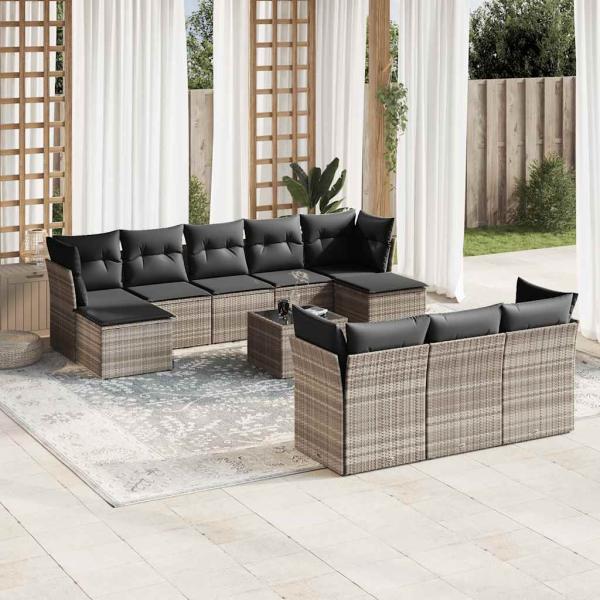 ARDEBO.de - 11-tlg. Garten-Sofagarnitur mit Kissen Hellgrau Poly Rattan