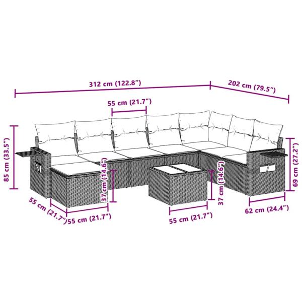 9-tlg. Garten-Sofagarnitur mit Kissen Hellgrau Poly Rattan
