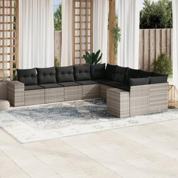 ARDEBO.de - 10-tlg. Garten-Sofagarnitur mit Kissen Hellgrau Poly Rattan