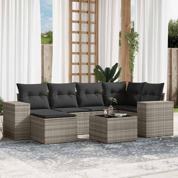 ARDEBO.de - 7-tlg. Garten-Sofagarnitur mit Kissen Hellgrau Poly Rattan