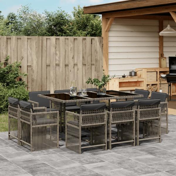 ARDEBO.de - 11-tlg. Garten-Essgruppe mit Kissen Grau Poly Rattan