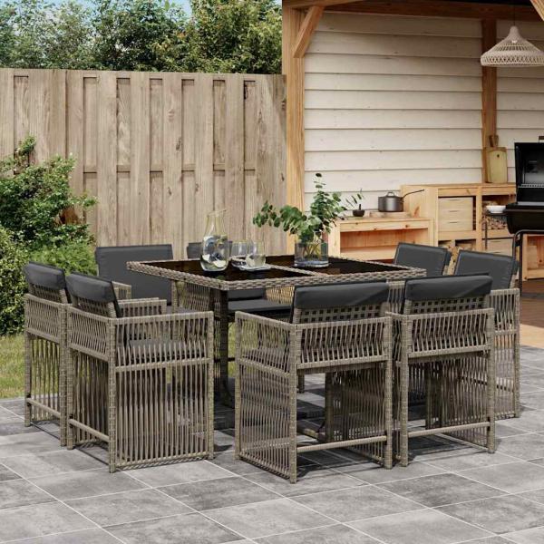 ARDEBO.de - 9-tlg. Garten-Essgruppe mit Kissen Grau Poly Rattan
