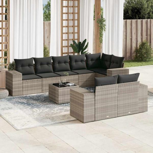 ARDEBO.de - 9-tlg. Garten-Sofagarnitur mit Kissen Hellgrau Poly Rattan