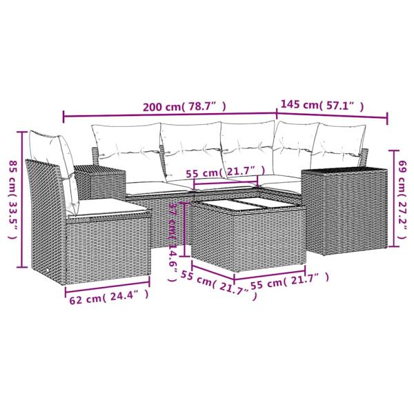 6-tlg. Garten-Sofagarnitur mit Kissen Hellgrau Poly Rattan