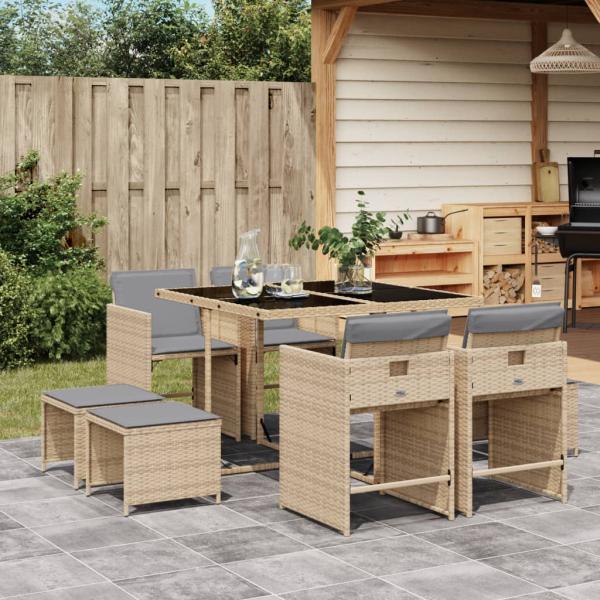 ARDEBO.de - 9-tlg. Garten-Essgruppe mit Kissen Beigemischung Poly Rattan
