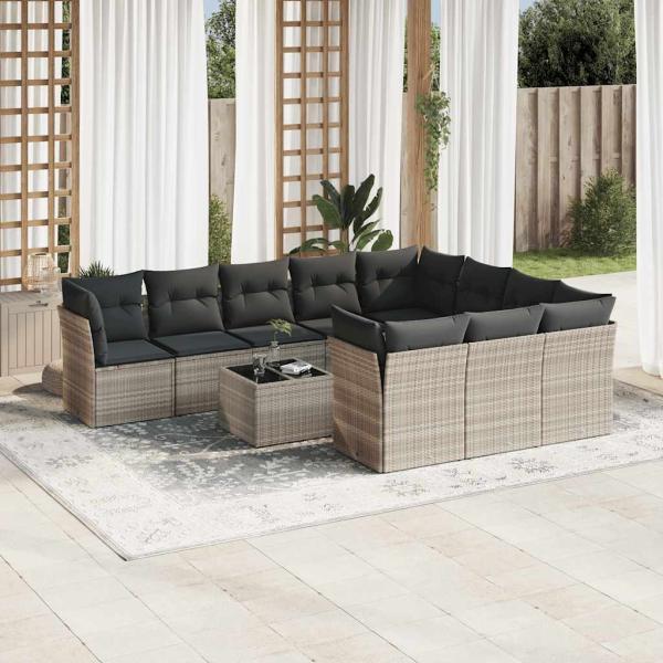ARDEBO.de - 11-tlg. Garten-Sofagarnitur mit Kissen Hellgrau Poly Rattan