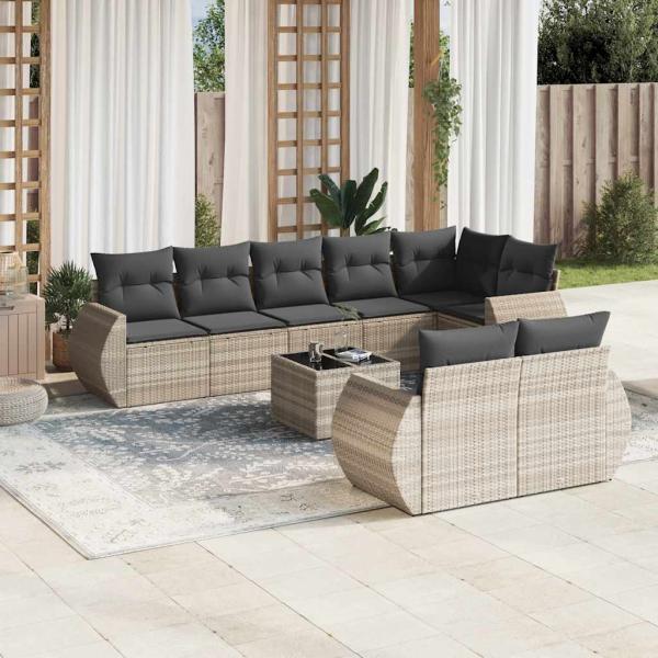 ARDEBO.de - 9-tlg. Garten-Sofagarnitur mit Kissen Hellgrau Poly Rattan