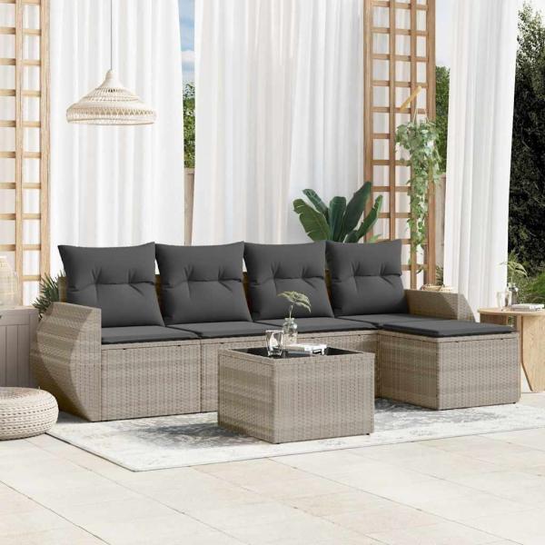 ARDEBO.de - 6-tlg. Garten-Sofagarnitur mit Kissen Hellgrau Poly Rattan