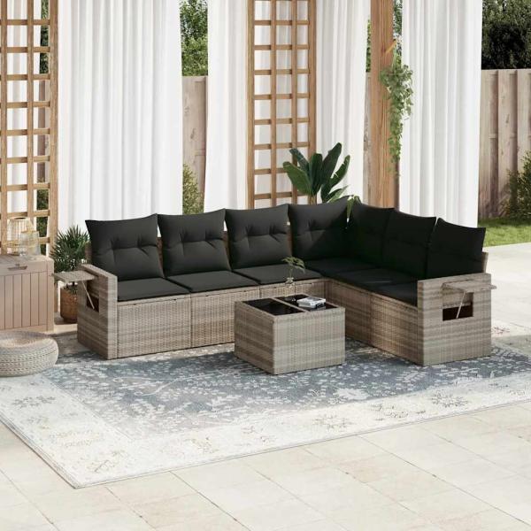 ARDEBO.de - 7-tlg. Garten-Sofagarnitur mit Kissen Hellgrau Poly Rattan