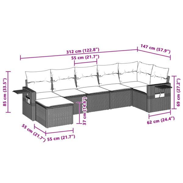 7-tlg. Garten-Sofagarnitur mit Kissen Hellgrau Poly Rattan