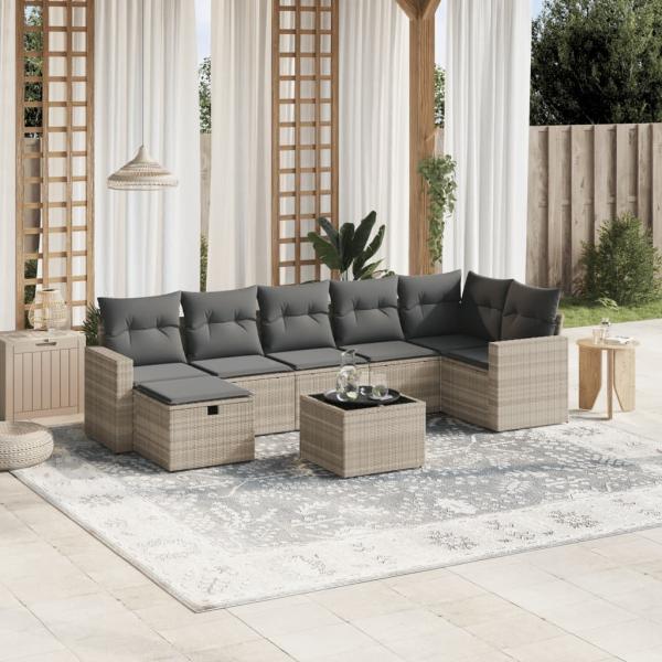 ARDEBO.de - 8-tlg. Garten-Sofagarnitur mit Kissen Hellgrau Poly Rattan