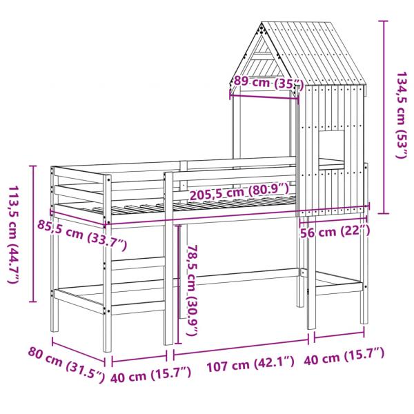 Hochbett mit Leiter und Dach 80x200 cm Massivholz Kiefer