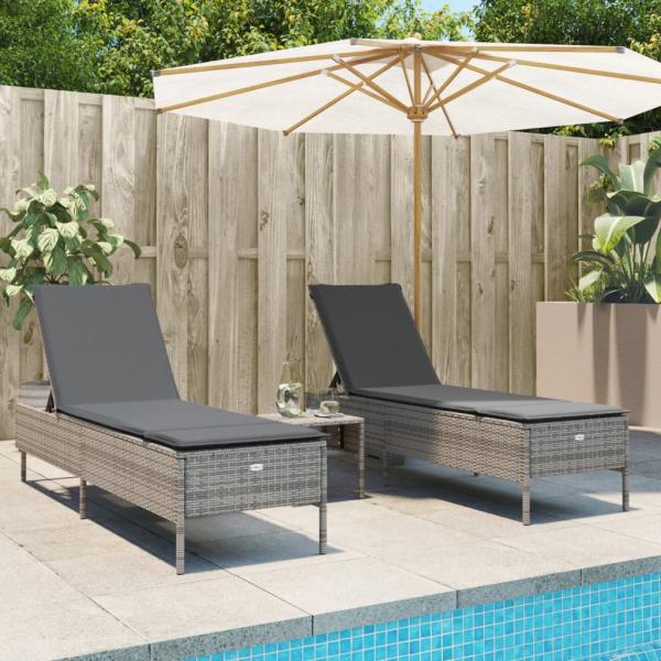 ARDEBO.de - Sonnenliegen mit Auflagen 2 Stk. Grau Poly Rattan
