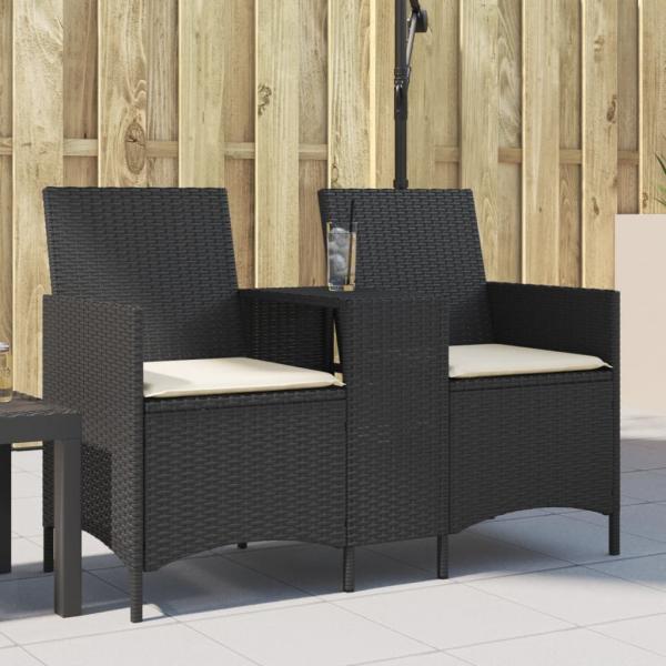 ARDEBO.de - Gartensofa 2-Sitzer mit Tisch und Kissen Schwarz Poly Rattan