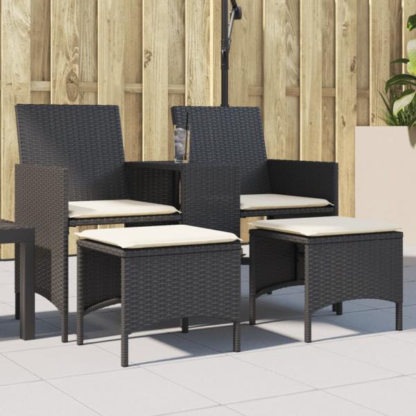 ARDEBO.de - Gartensofa 2-Sitzer mit Tisch und Hockern Schwarz Poly Rattan
