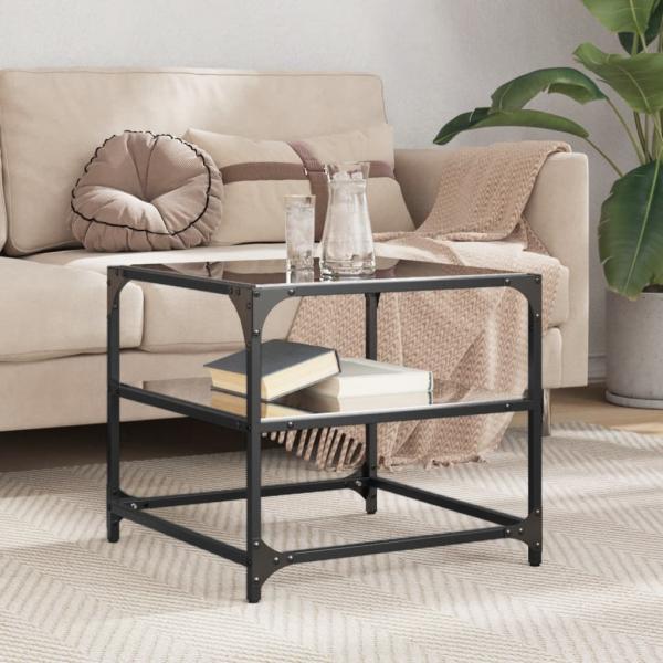 ARDEBO.de - Couchtisch mit Glasplatte Schwarz 50x50x45 cm Stahl