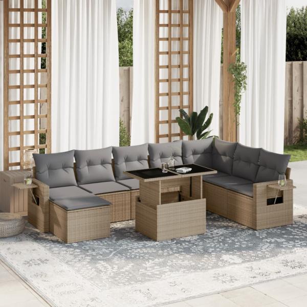 ARDEBO.de - 9-tlg. Garten-Sofagarnitur mit Kissen Beige Poly Rattan