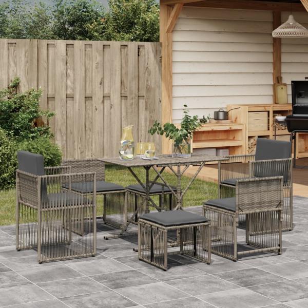 ARDEBO.de - 7-tlg. Garten-Essgruppe mit Kissen Grau Poly Rattan