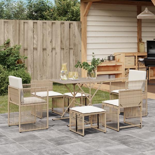 ARDEBO.de - 7-tlg. Garten-Essgruppe mit Kissen Beige Poly Rattan