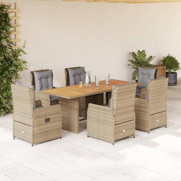 ARDEBO.de - 7-tlg. Garten-Essgruppe mit Kissen Beige Poly Rattan