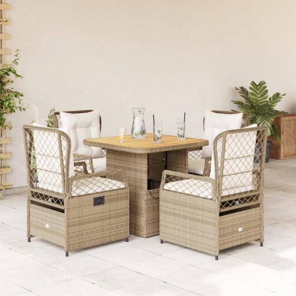 ARDEBO.de - 5-tlg. Garten-Essgruppe mit Kissen Beige Poly Rattan