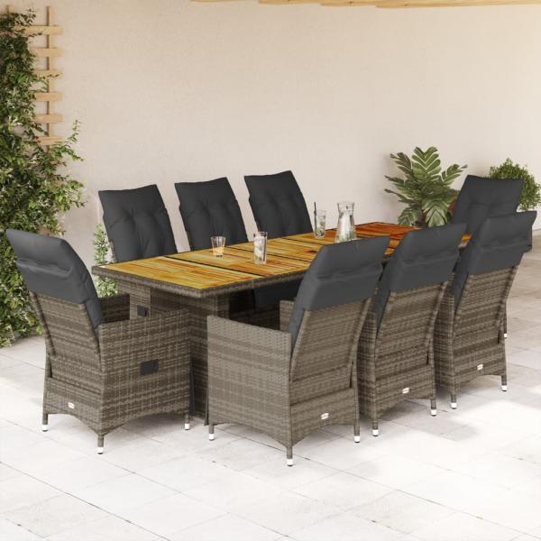 ARDEBO.de - 9-tlg. Garten-Bistro-Set mit Kissen Grau Poly Rattan