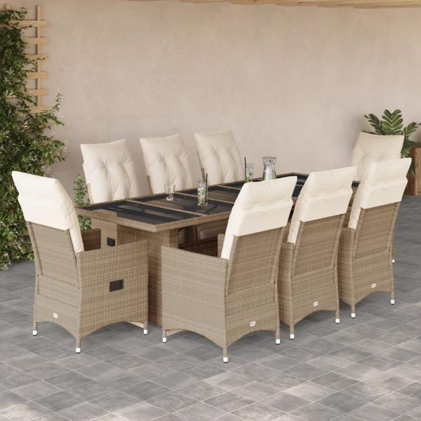 ARDEBO.de - 9-tlg. Garten-Bistro-Set mit Kissen Beige Poly Rattan