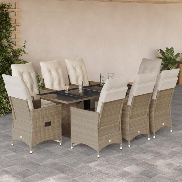 ARDEBO.de - 9-tlg. Garten-Bistro-Set mit Kissen Beige Poly Rattan