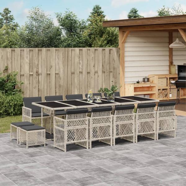 ARDEBO.de - 15-tlg. Garten-Essgruppe mit Kissen Hellgrau Poly Rattan
