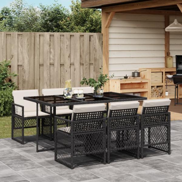 ARDEBO.de - 7-tlg. Garten-Essgruppe mit Kissen Schwarz Poly Rattan