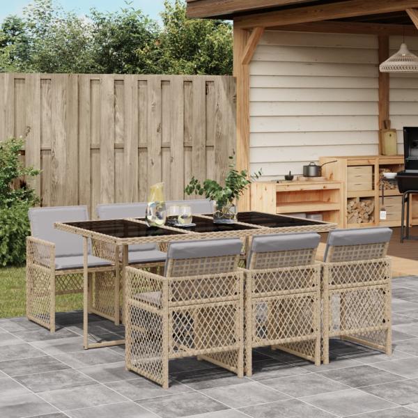 ARDEBO.de - 7-tlg. Garten-Essgruppe mit Kissen Beige Poly Rattan