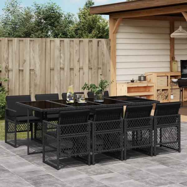 ARDEBO.de - 9-tlg. Garten-Essgruppe mit Kissen Schwarz Poly Rattan