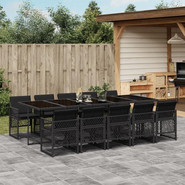 ARDEBO.de - 11-tlg. Garten-Essgruppe mit Kissen Schwarz Poly Rattan