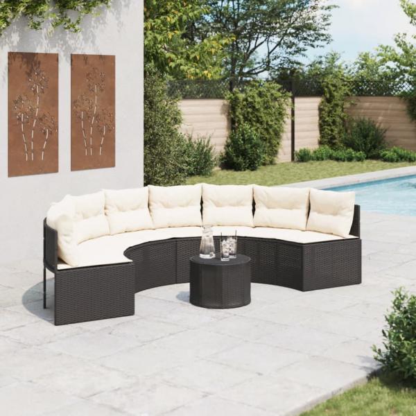 ARDEBO.de - Gartensofa mit Tisch und Kissen Halbrund Schwarz Poly-Rattan