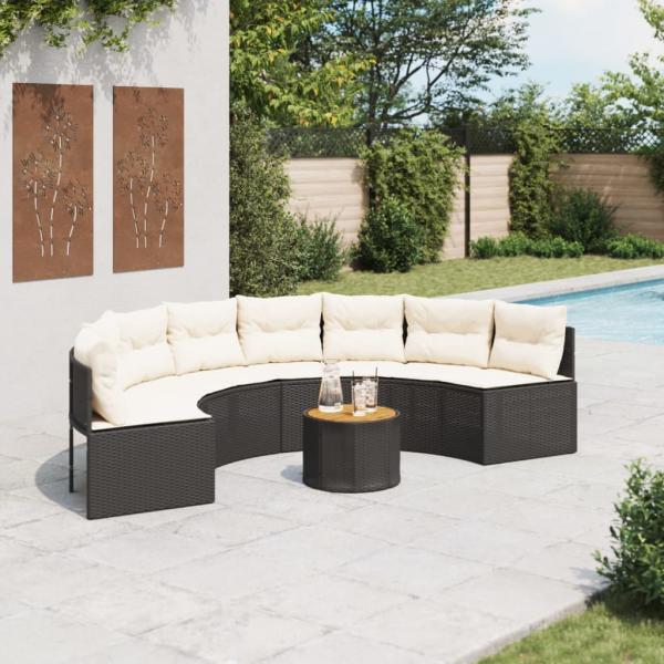 ARDEBO.de - Gartensofa mit Tisch und Kissen Halbrund Schwarz Poly-Rattan