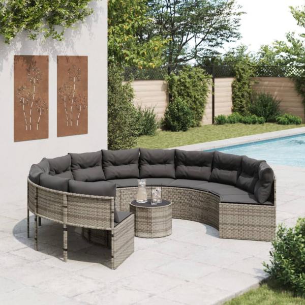 ARDEBO.de - Gartensofa mit Tisch und Kissen Rund Grau Poly Rattan