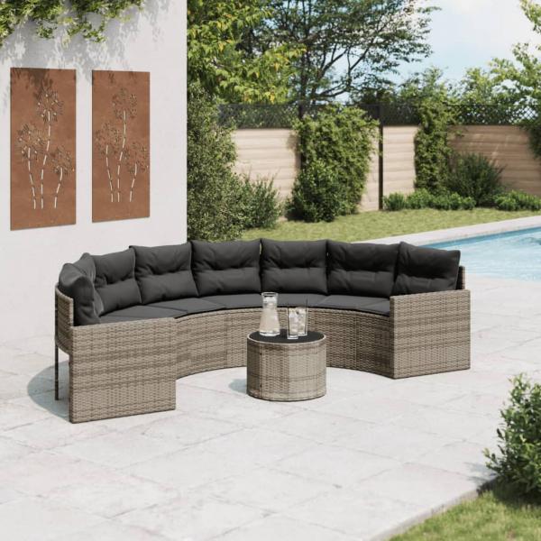 ARDEBO.de - Gartensofa mit Tisch und Kissen Halbrund Grau Poly Rattan