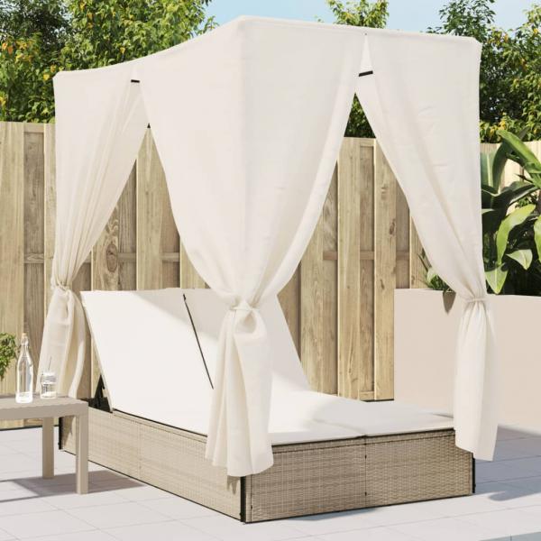 ARDEBO.de - Doppel-Sonnenliege mit Dach und Vorhängen Beige Poly Rattan