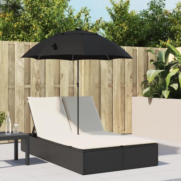 ARDEBO.de - Doppel-Sonnenliege mit Kissen&Sonnenschirm Schwarz Poly Rattan