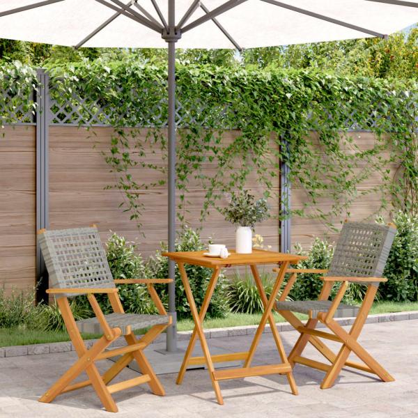 ARDEBO.de - 3-tlg. Bistro-Set Grau Poly Rattan und Massivholz