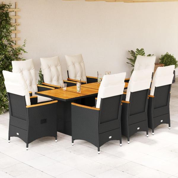 ARDEBO.de - 9-tlg. Garten-Essgruppe mit Kissen Schwarz Poly Rattan