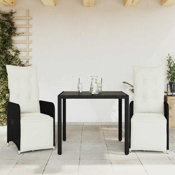 ARDEBO.de - 3-tlg. Garten-Bistro-Set mit Kissen Schwarz Poly Rattan