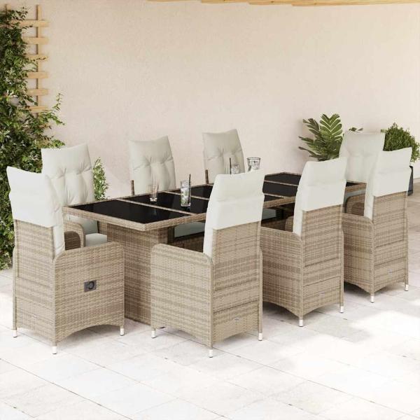 ARDEBO.de - 9-tlg. Garten-Bistro-Set mit Kissen Beige Poly Rattan