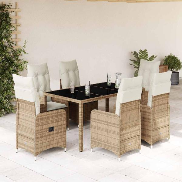 ARDEBO.de - 7-tlg. Garten-Bistro-Set mit Kissen Beige Poly Rattan