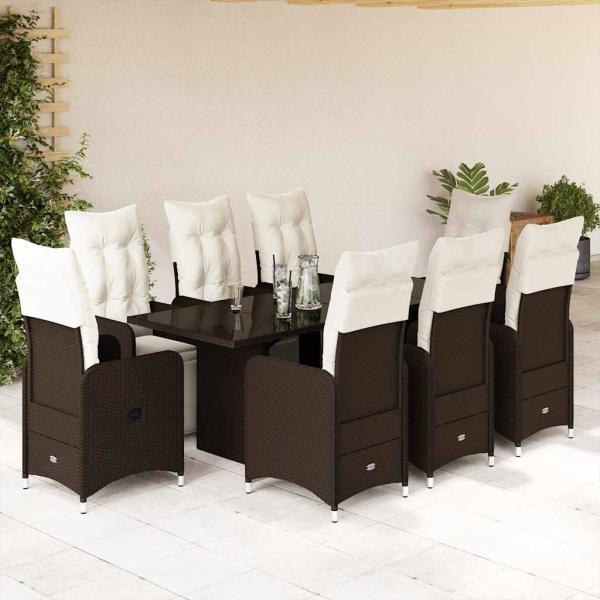 ARDEBO.de - 9-tlg. Garten-Bistro-Set mit Kissen Braun Poly Rattan